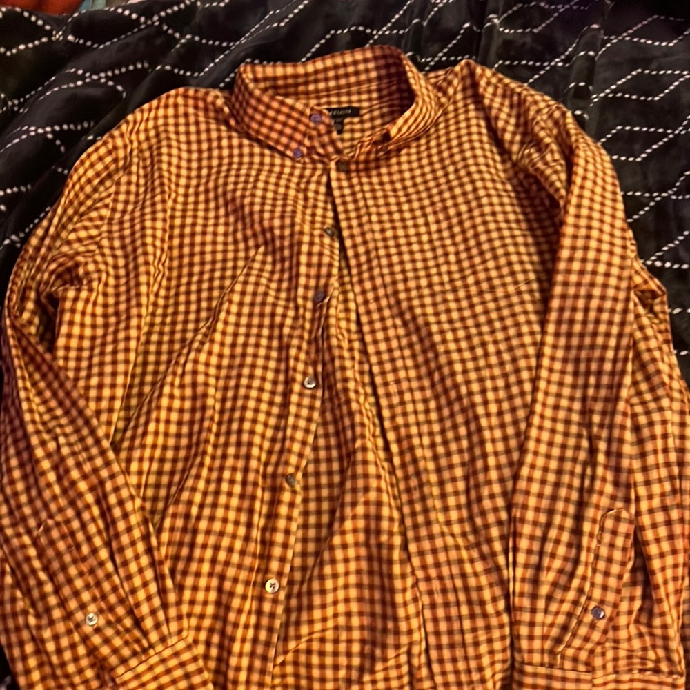 Red and yellow plaid button up shirt
